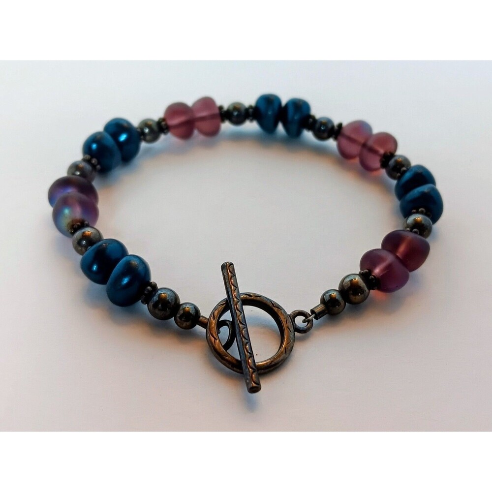 Artisan Sterling Silver Purple & Blue Frosted Glass Bead Bracelet 6.5 in Toggle